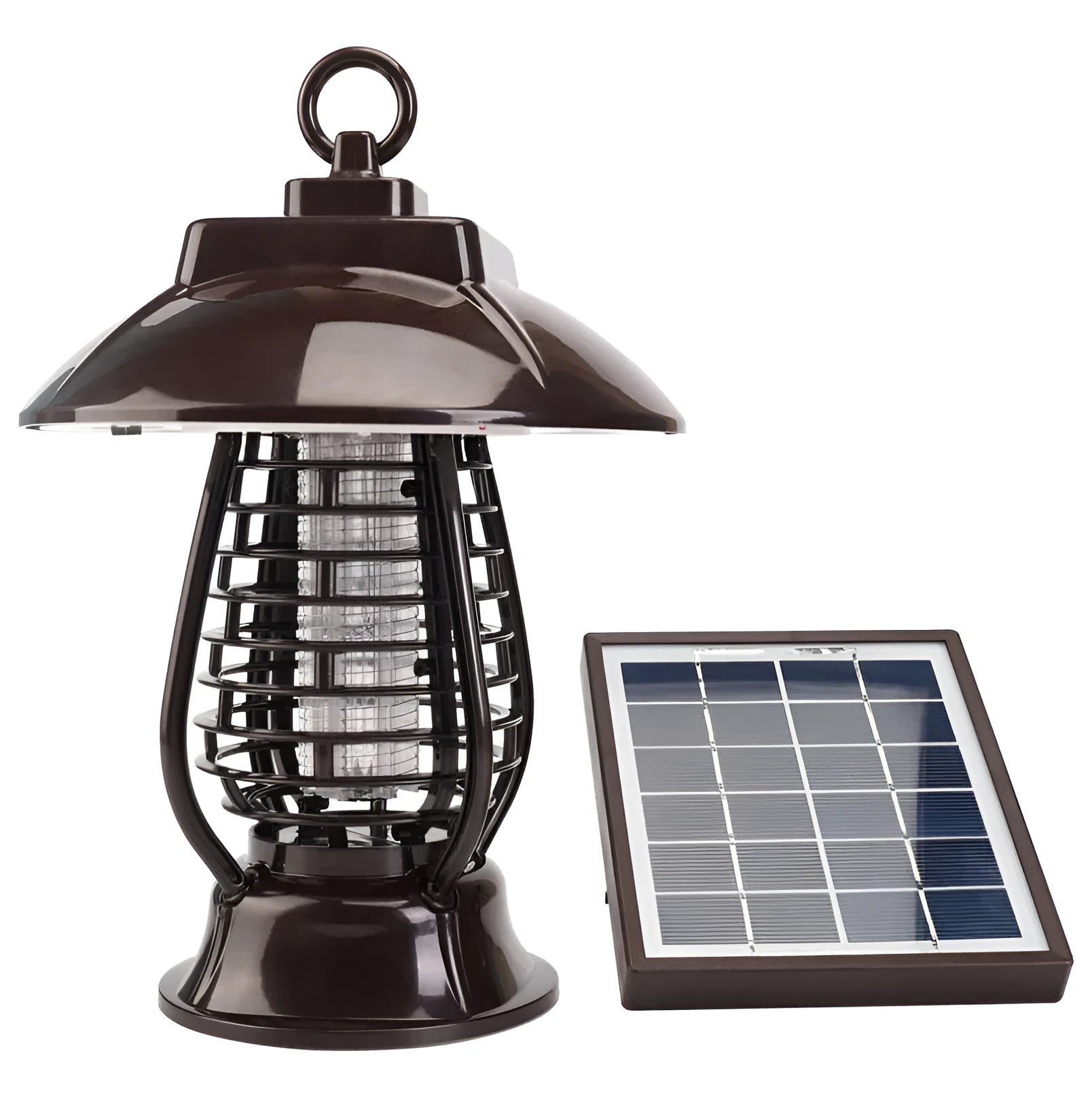 Black solar mosquito lamp with solar panel on top and LED lights for garden insect control