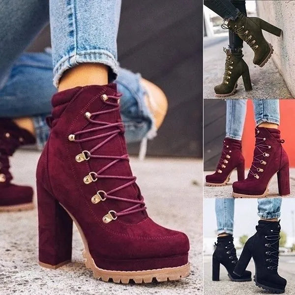 Women's suede high heel boots with thick heels in yellow, black, wine red, and army green colours