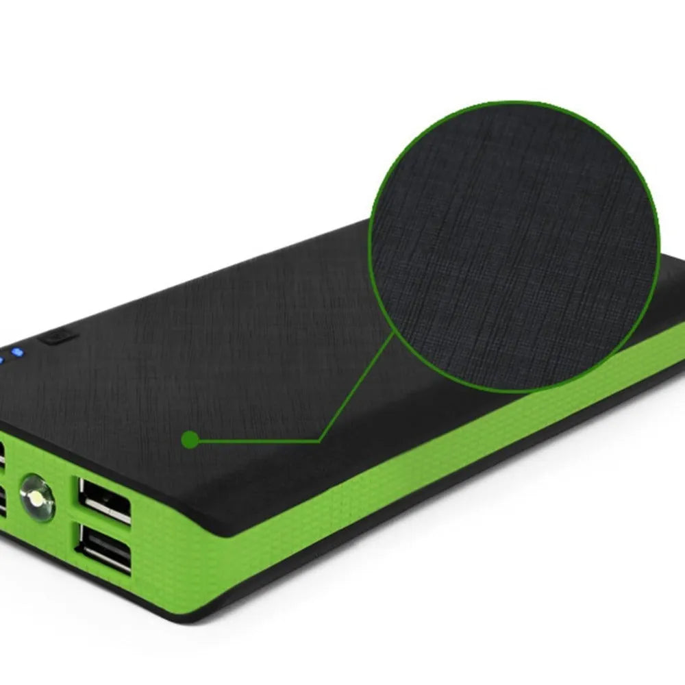 Blue 20000mAh power bank with 4U fast charging, showing dimensions and output port.