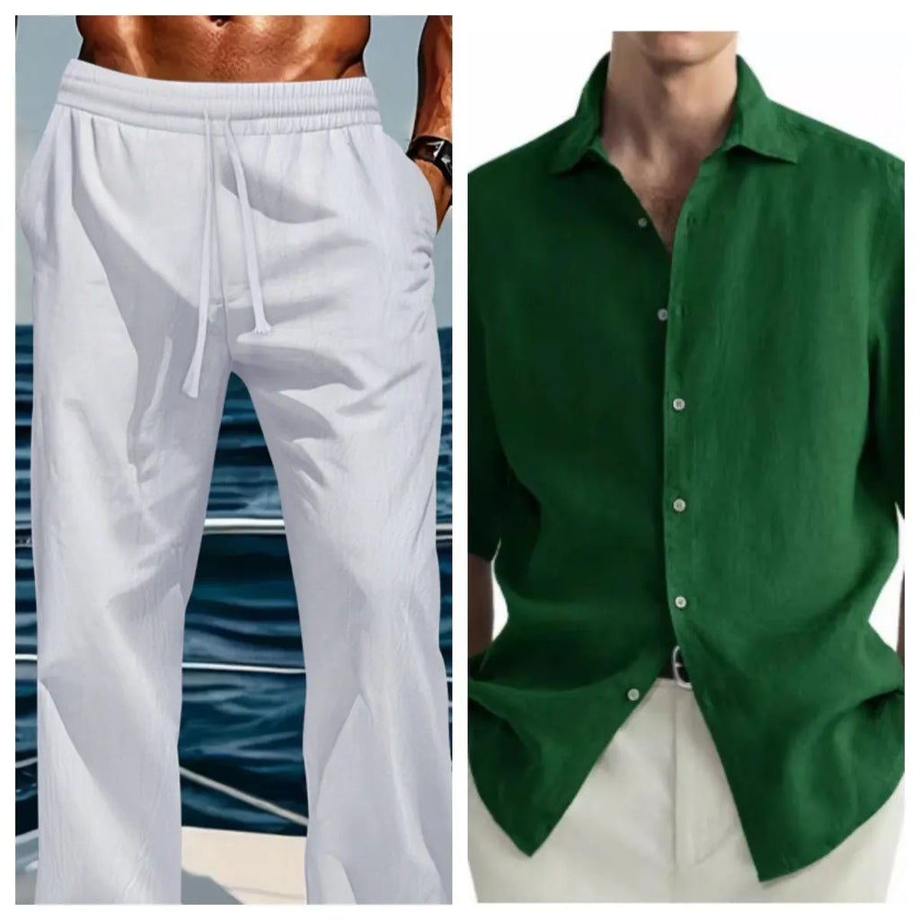Men's green washed cotton casual shirt with a cardigan style on a hanger.