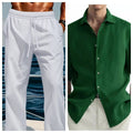 Men's green washed cotton casual shirt with a cardigan style on a hanger.