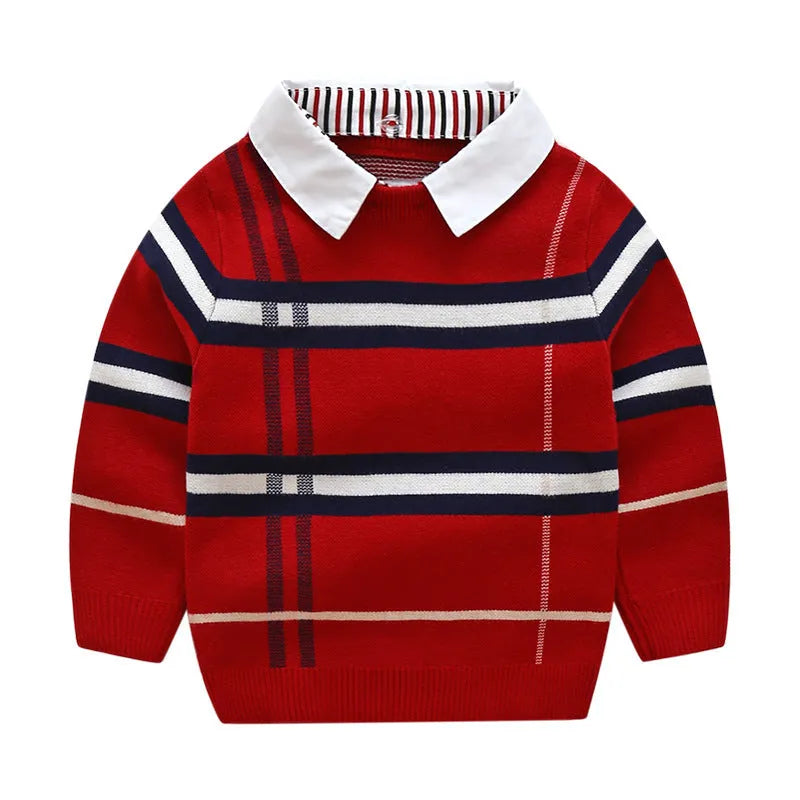 Boys plaid jacquard sweater in soft cotton fabric with long sleeves and pullover design