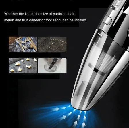 Black cordless handheld car vacuum with crevice nozzle and dust brush on grey background