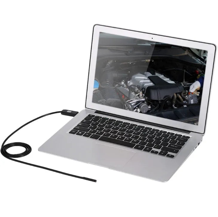 OWSOO USB endoscope camera with 5m cable, 6 LEDs, and hook/magnet attachments for phone and computer inspection.