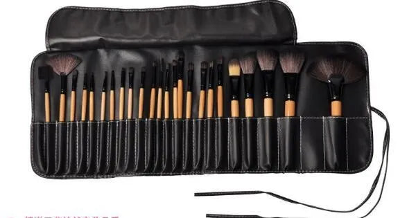 24-piece professional makeup brush set with wooden handles in gift bag packaging