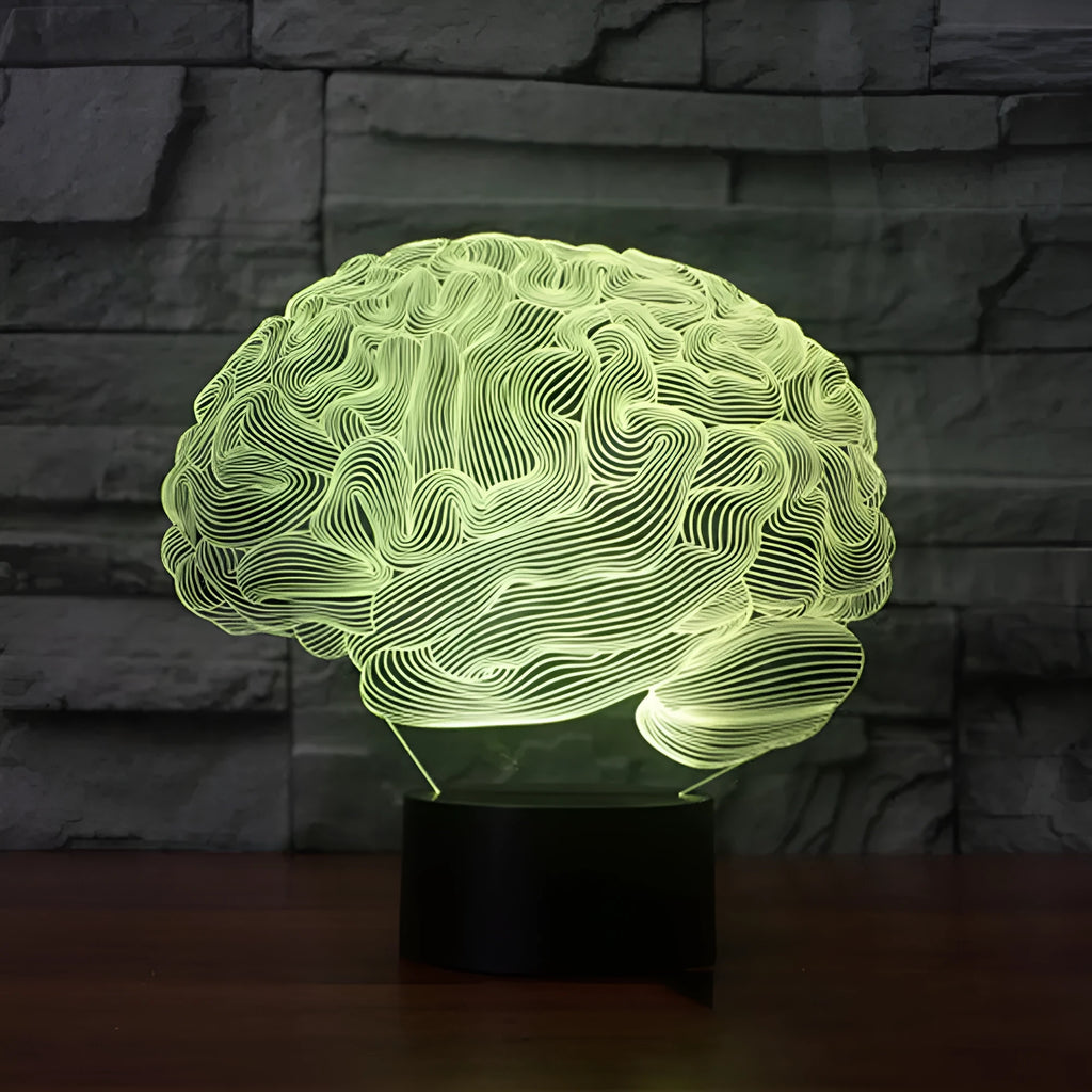 3D brain illusion acrylic LED desk lamp with remote control on a wooden table