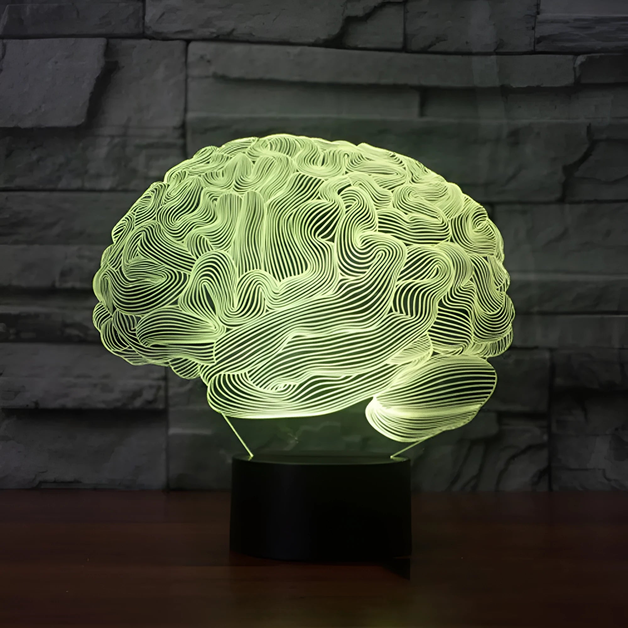3D brain illusion acrylic LED desk lamp with remote control on a wooden table