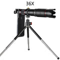 Black folding 36x telephoto monocular telescope for mobile phones with a rectangular protective carry case.