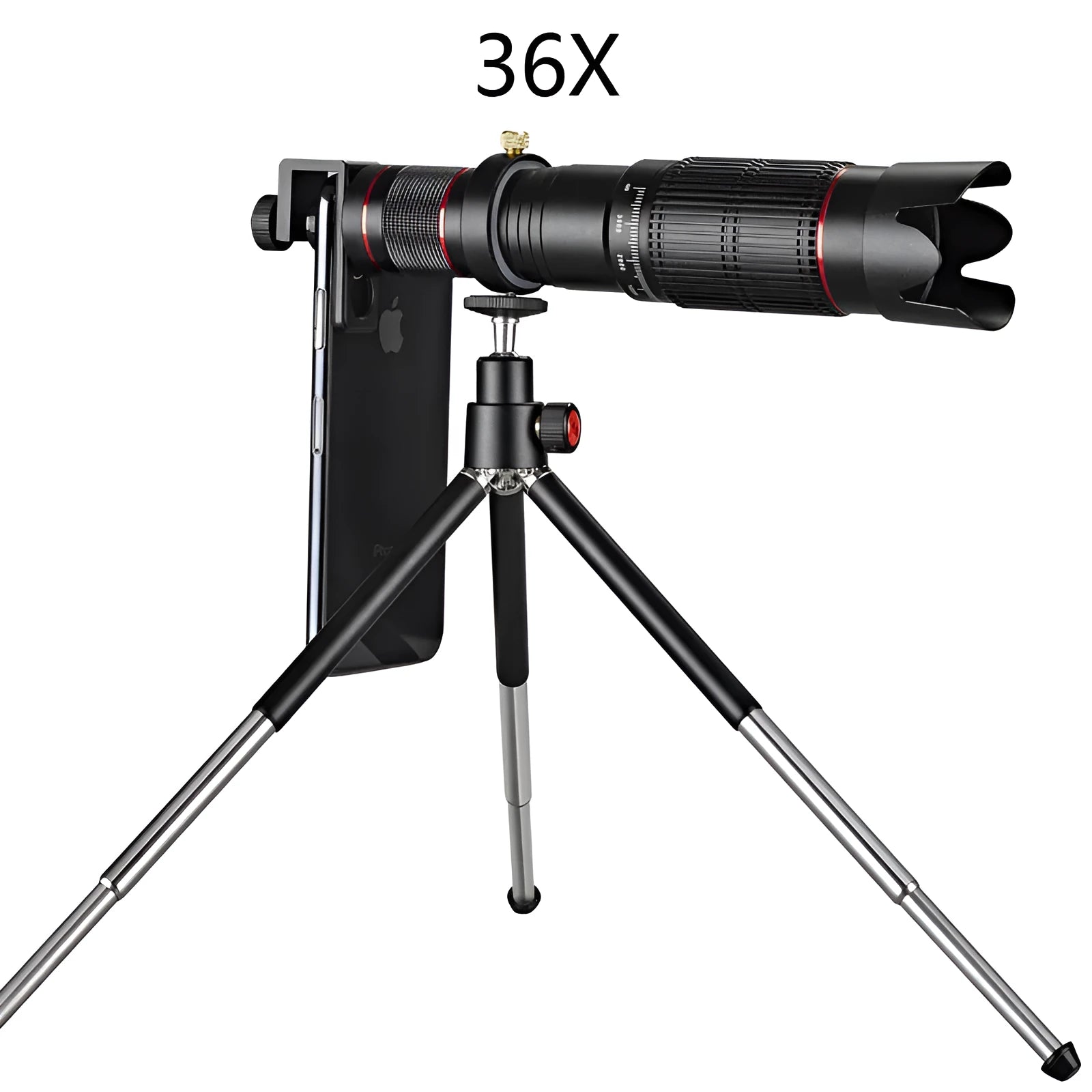Black folding 36x telephoto monocular telescope for mobile phones with a rectangular protective carry case.