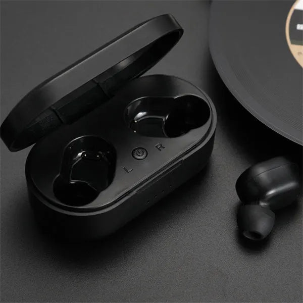 M1 Bluetooth wireless headset earbuds in black and white colour options showing stereo design