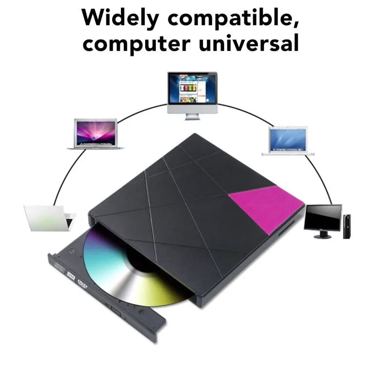 USB external DVD burner with card reader, 24X speed, rose gold finish, compact 152x142x20mm size on white background