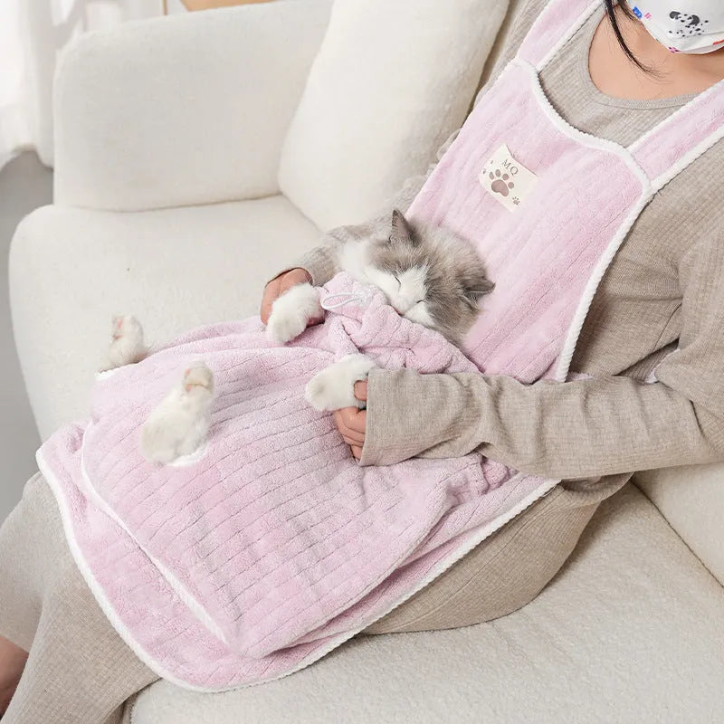 Cat petting apron in cloth material showing colour options including pink, light blue, light purple and striped patterns