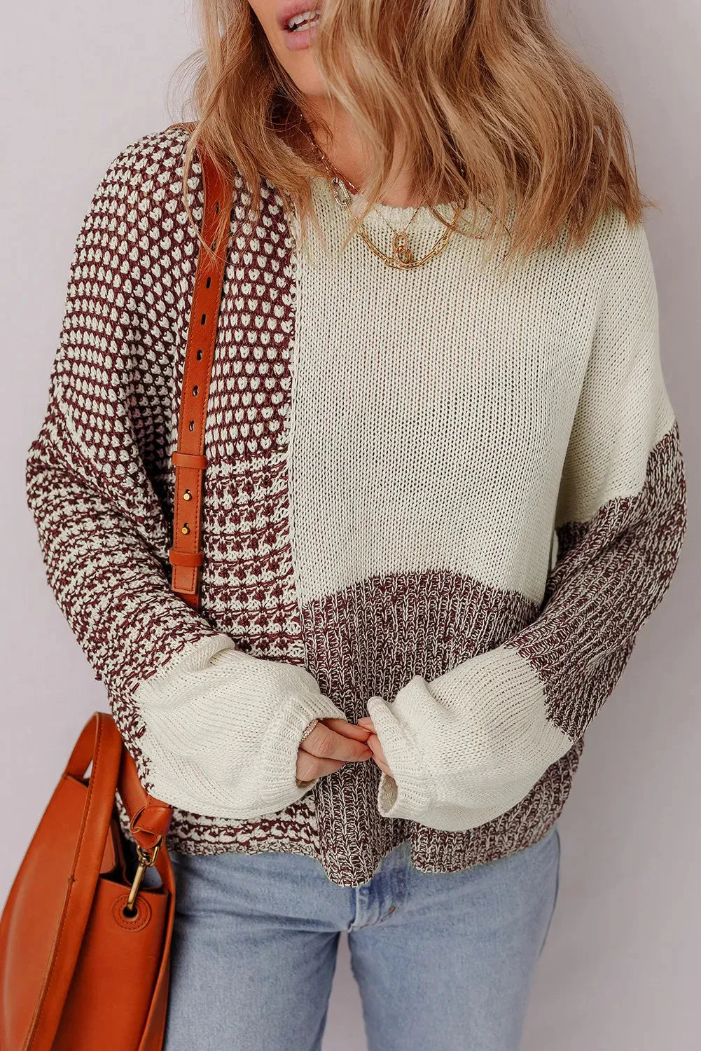 Dark Khaki women's loose sweater with colour block design and back tie detail.