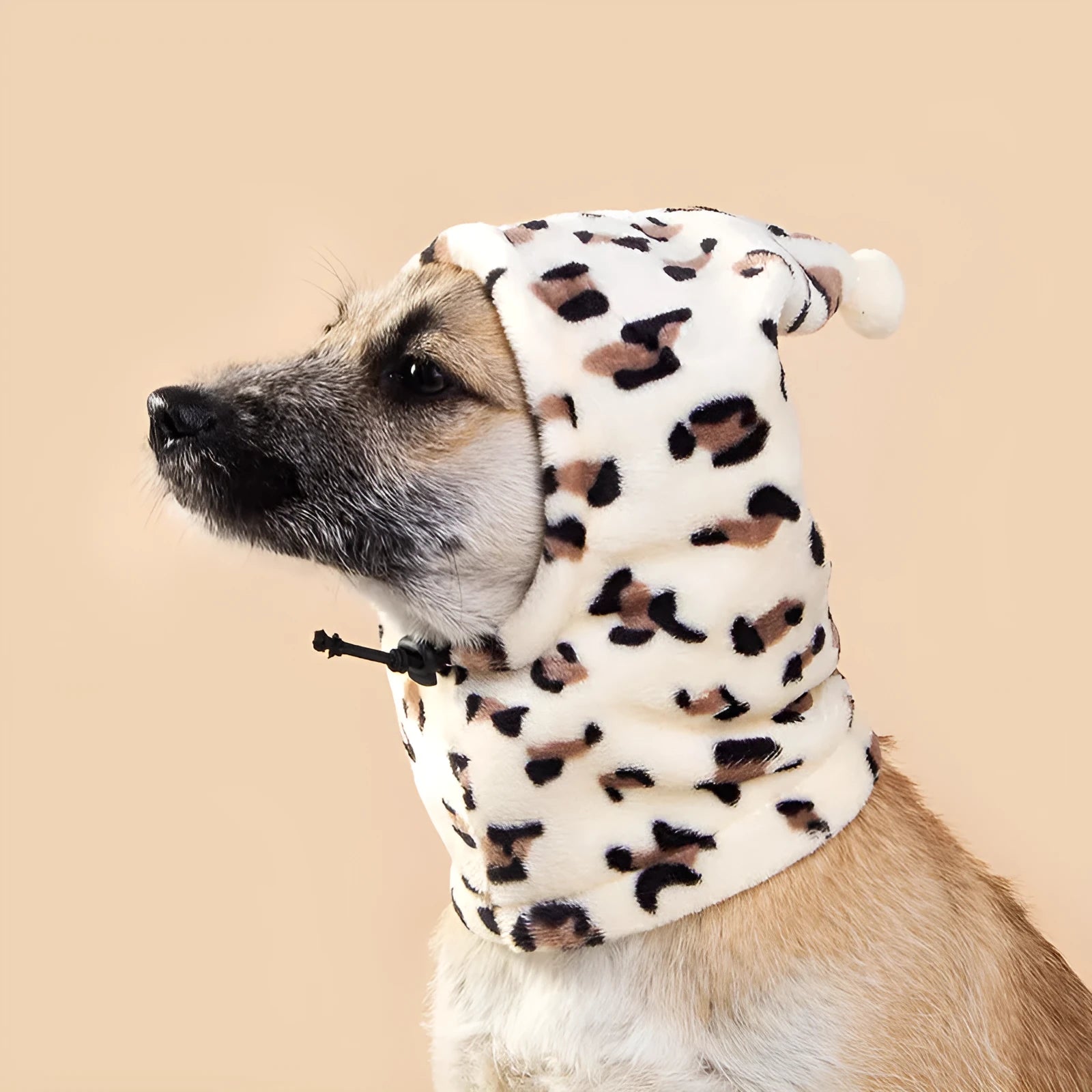 Bear design pet headdress with rabbit ears for dogs and cats in leopard print, black, and red colours.
