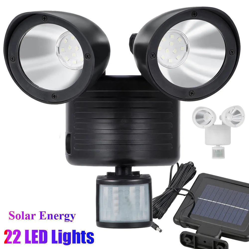 Black and white dual head solar security spotlight with motion sensor for outdoor wall mounting