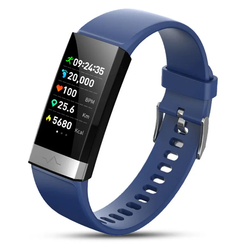 V19 smart fitness bracelet in black, blue, or red with a display showing health metrics.