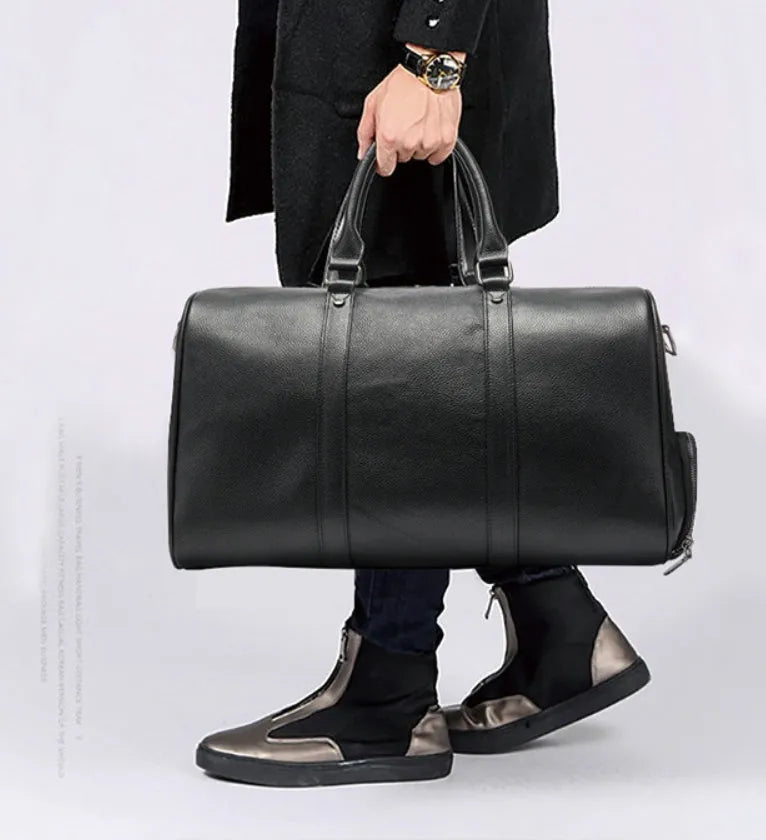 First layer cowhide leather travel bag with independent shoe compartment, zippered main closure, brown colour, soft handle and shoulder strap