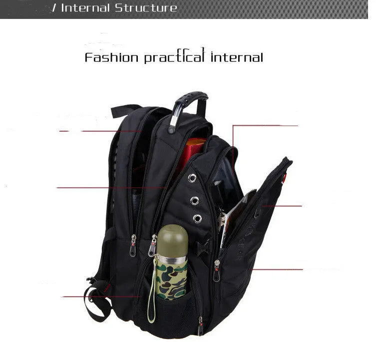 Black travel outdoor backpack with metal hardware and polyester construction, waterproof and breathable design