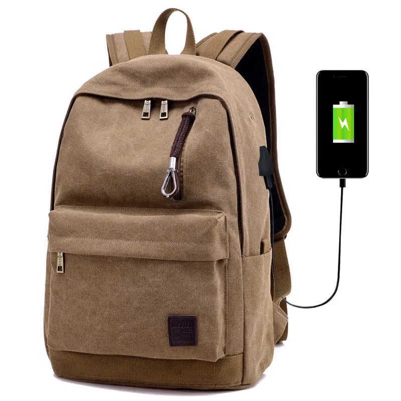 Canvas backpack with USB charging port shown in grey colour, featuring multiple pockets and straps.