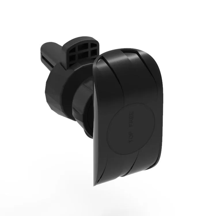Matte black car phone holder mounted on air outlet with adjustable clamp and 360-degree rotation