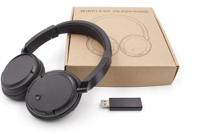 Black stereo wireless headset with USB FM transmitter and 3.5mm audio cable for 30-metre wireless range
