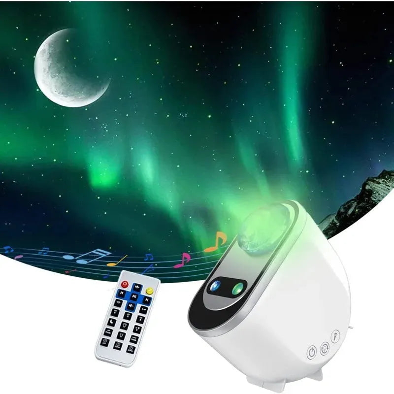 White ABS starlight projector with aurora borealis and moon projection, remote control, and USB cable
