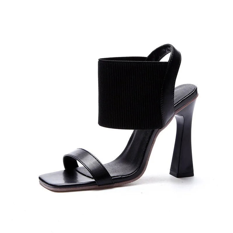 Women's high heel sandals with elastic straps in black, milky white, and brown colours