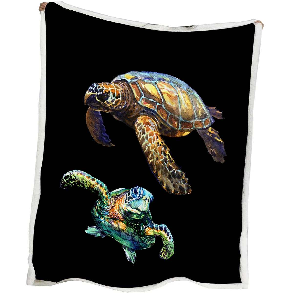 Black turtle pattern Sherpa fleece blanket on sofa, soft warm throw for home or camping