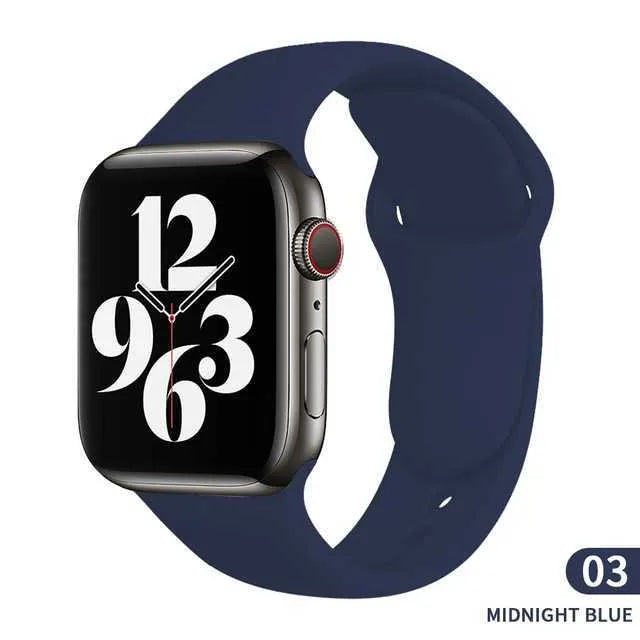 Silicone Apple watch replacement strap in black, shown fitted to a 44mm watch case.