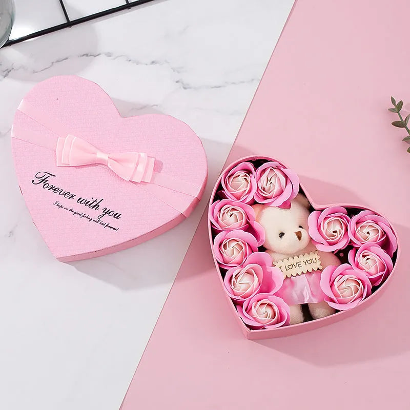 Heart-shaped red gift box containing natural fragrance soap roses for handwashing and bathing