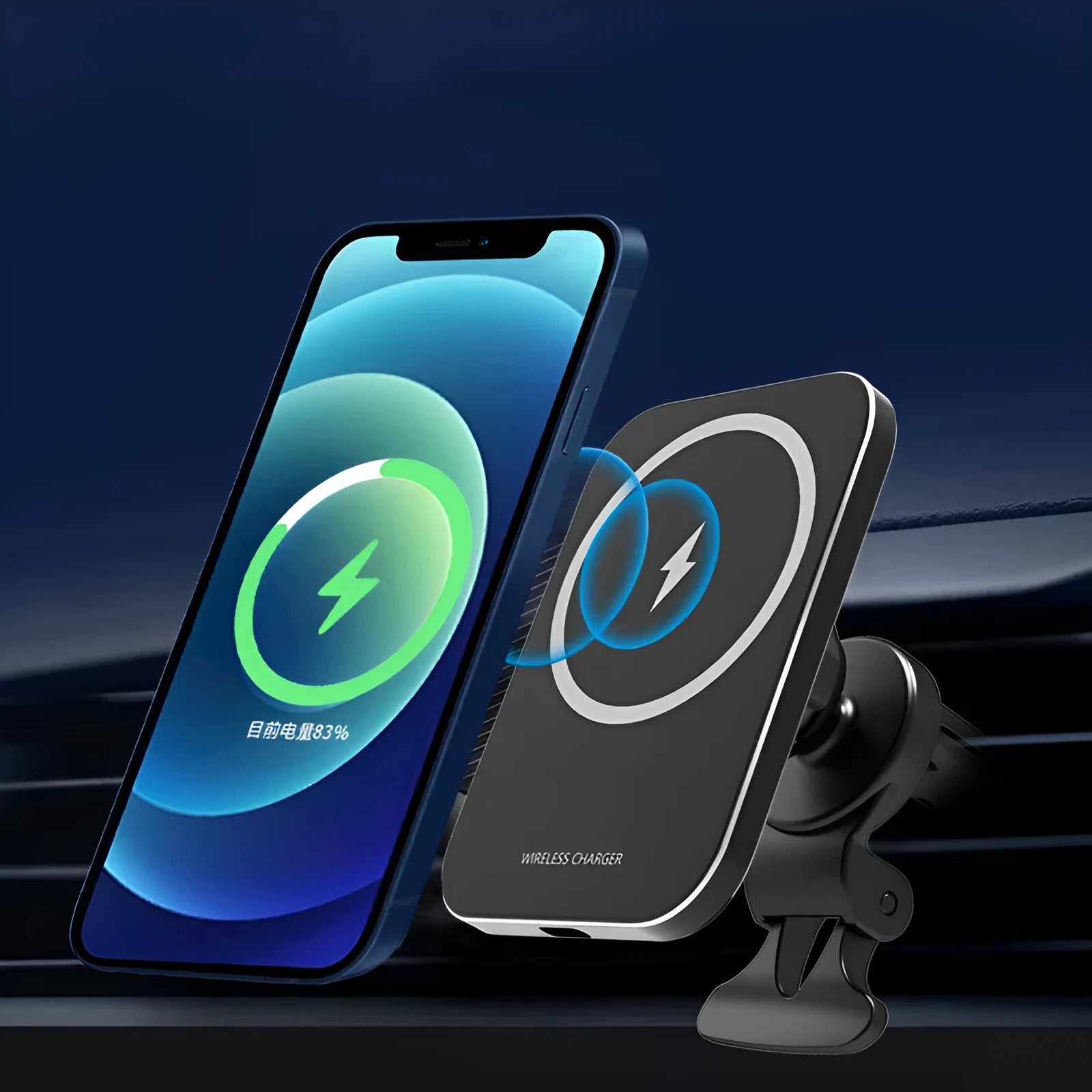 Black magnetic wireless charging car phone holder for Apple iPhone 12 series with adjustable bracket