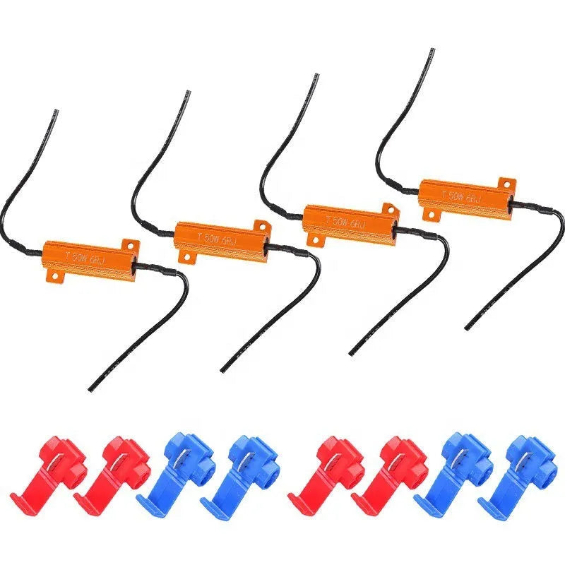 Two golden aluminium-case 50W load resistor decoders with four wire connector clips for fixing vehicle LED hyper-flash.