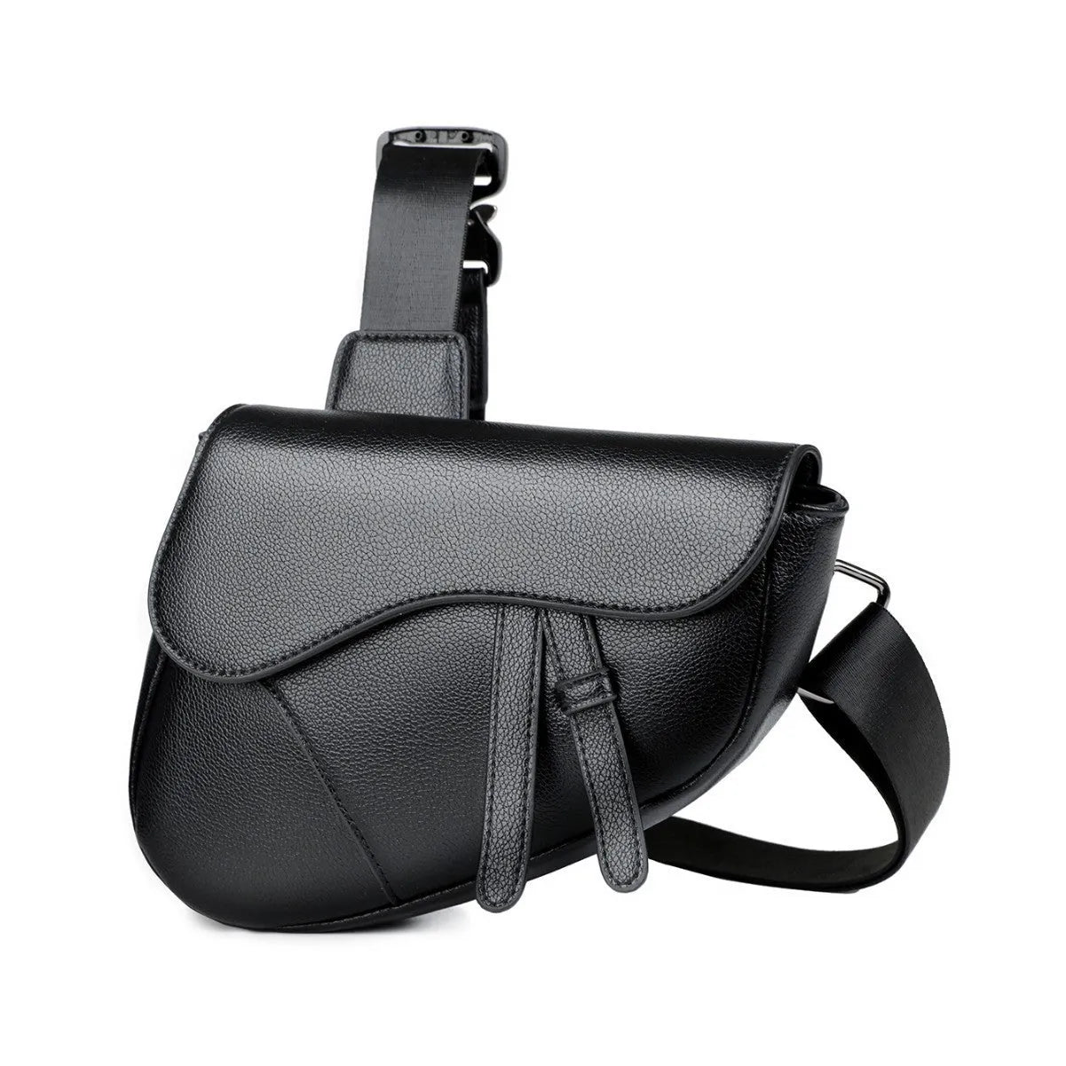 Unisex saddle shoulder crossbody chest bag in black synthetic leather with stitching and splicing details
