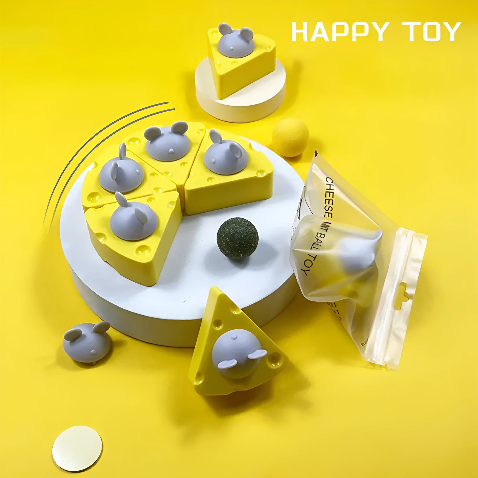 Yellow cheese-shaped cat toy ball with natural catnip and silvervine for chewing and play