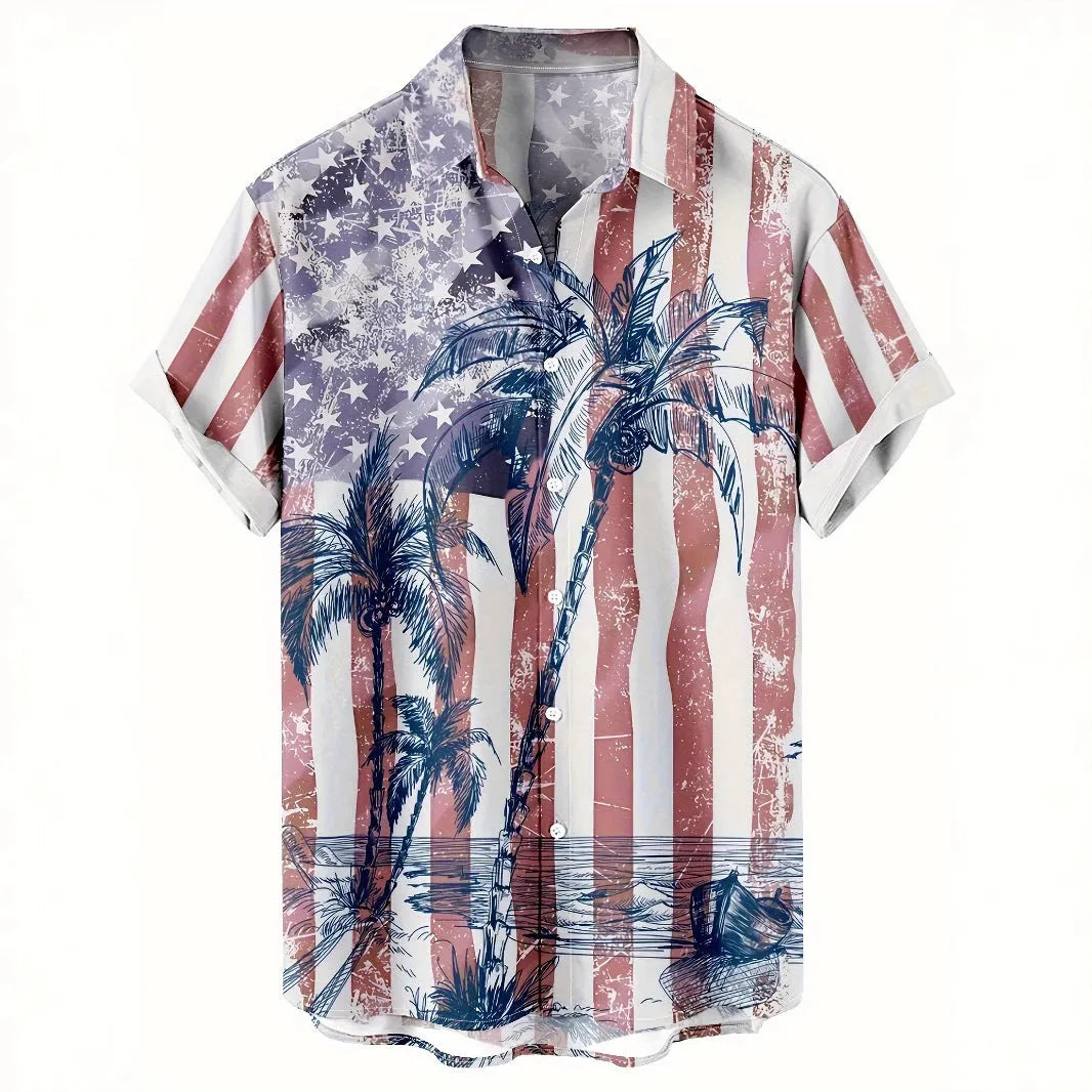 Man wearing a loose-fitting short sleeve shirt with a bold 3D floral print pattern.