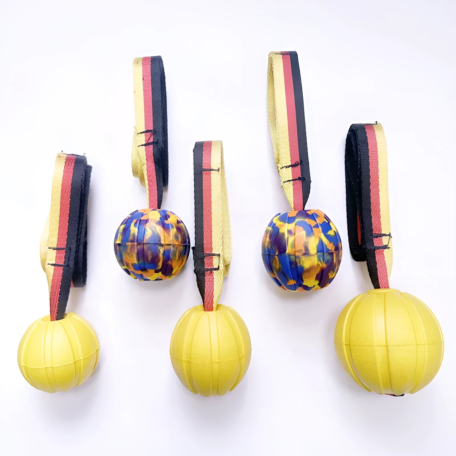 EVA floating pet training ball in camouflage colour showing tetherball design with knot attachment