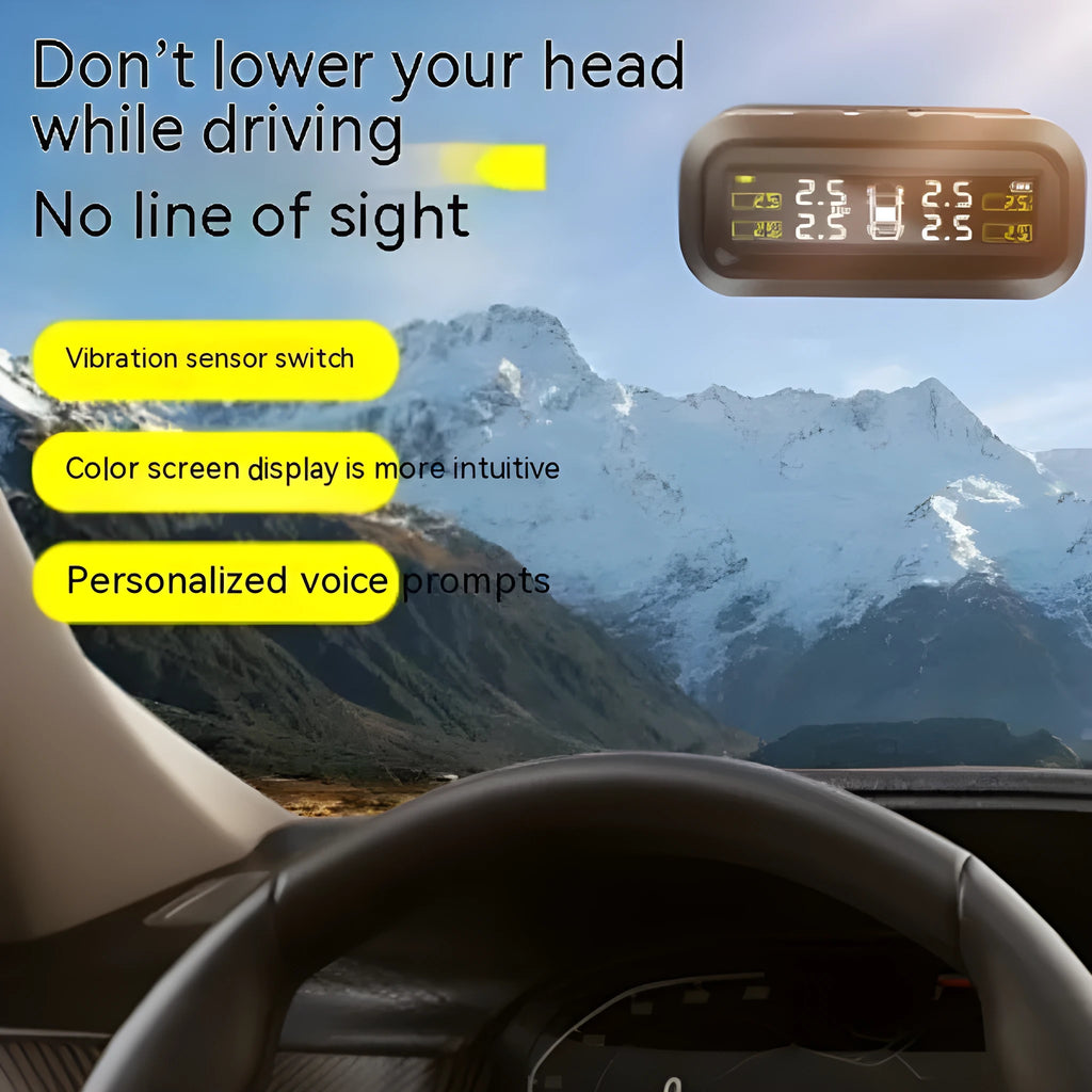 Wireless solar car tyre pressure monitor with colour display and four external sensors.
