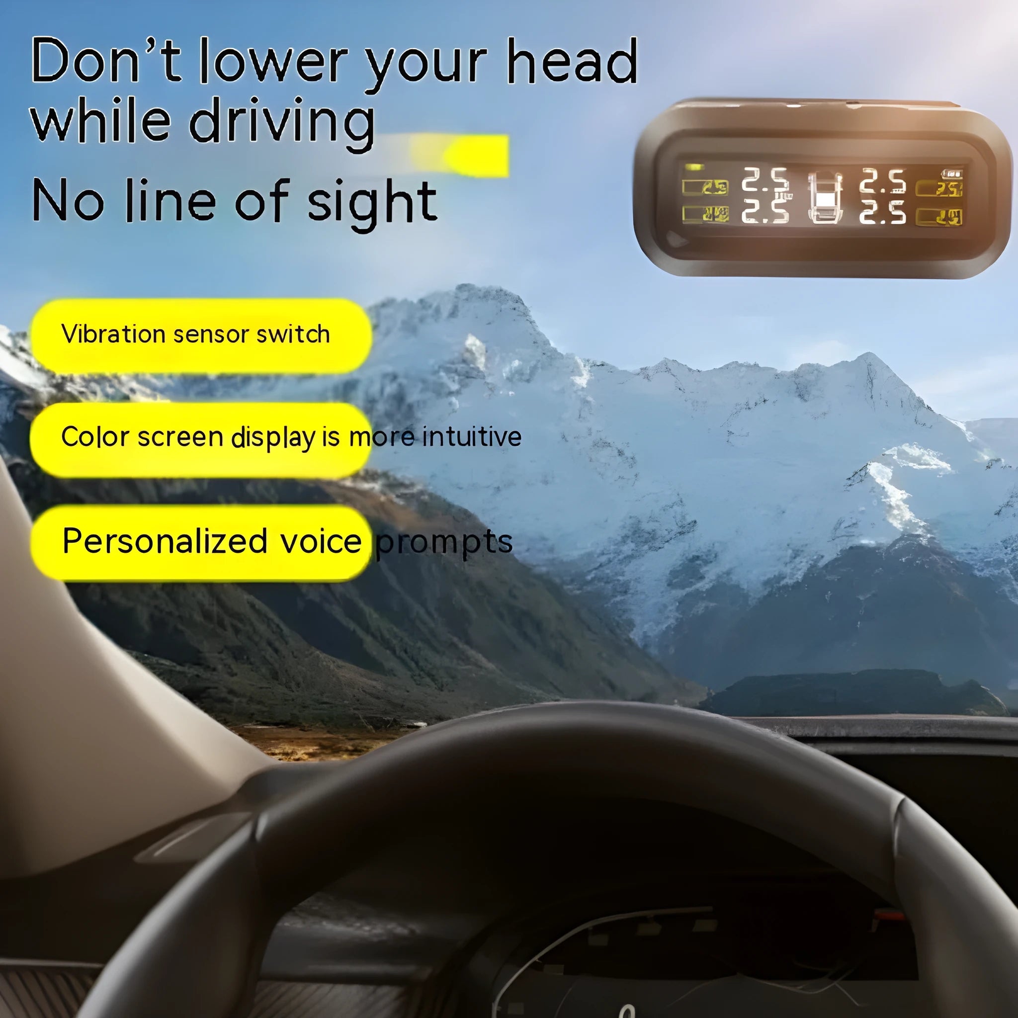 Wireless solar car tyre pressure monitor with colour display and four external sensors.