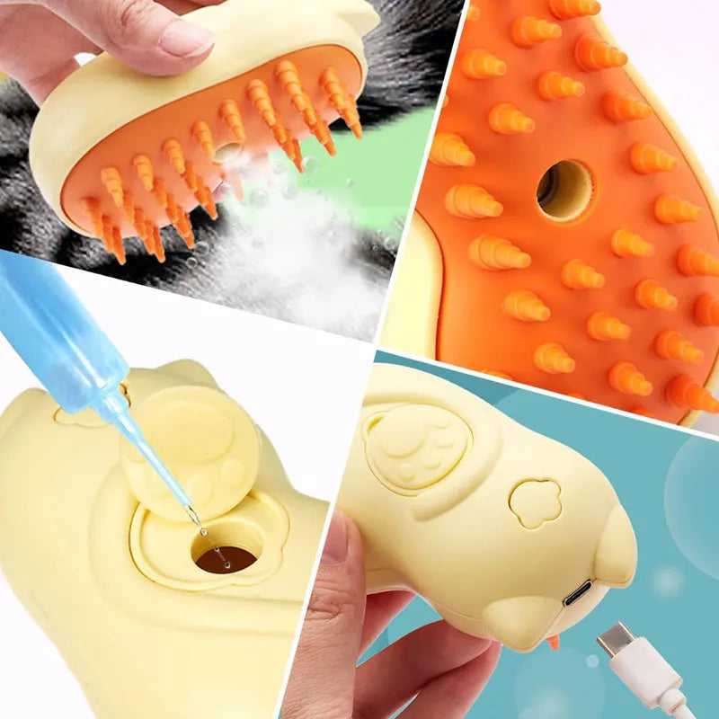 Compact white 3-in-1 steam grooming brush for removing tangled hair from cats and dogs on a table.