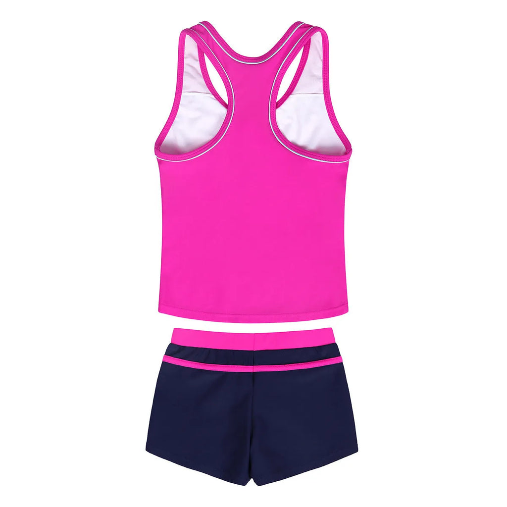 Girls' blue two-piece swimsuit set with chest pad top and boxer shorts, laid flat