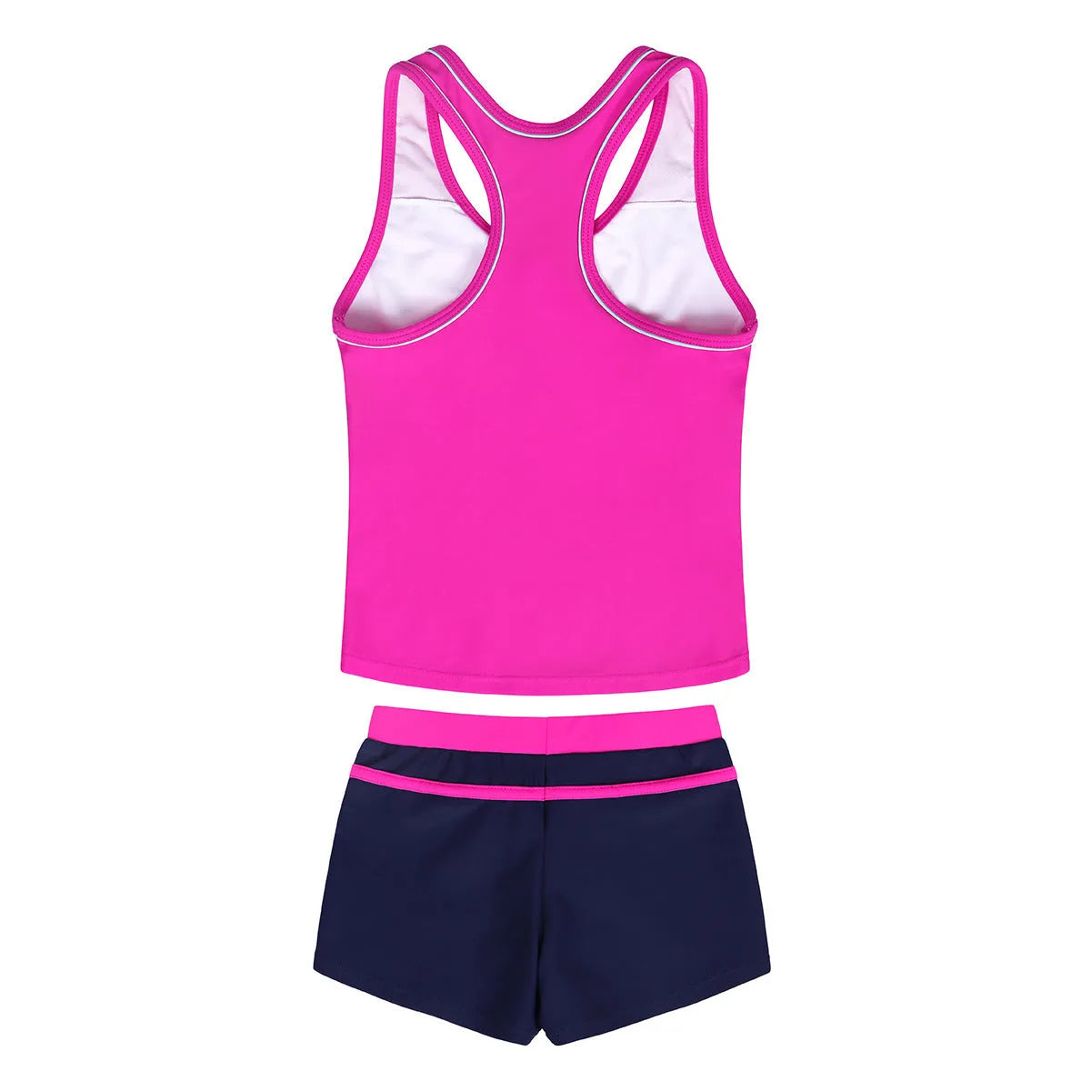 Girls' blue two-piece swimsuit set with chest pad top and boxer shorts, laid flat