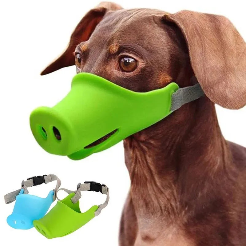 Blue and green silicone anti-bite mouth covers for dogs and pet pigs in two sizes