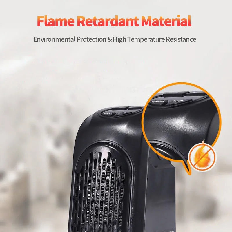 Small black ceramic fan heater on a table showing control buttons and compact size.