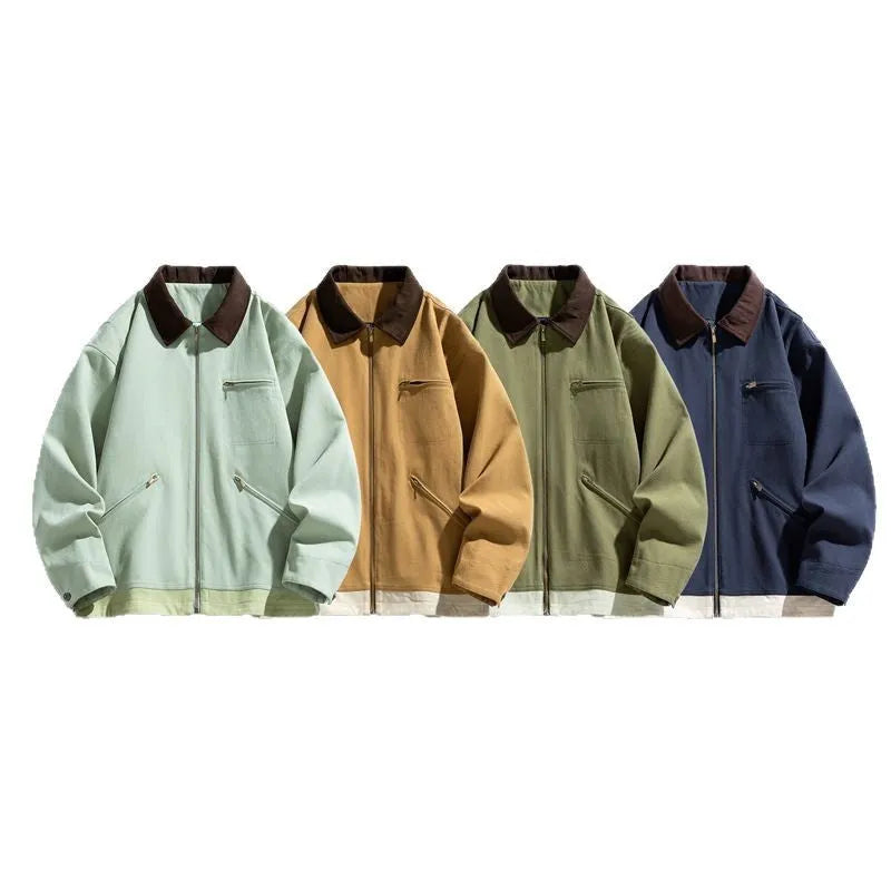 Men's Korean style couple jacket with contrast lapels and side seam pockets in mint green.