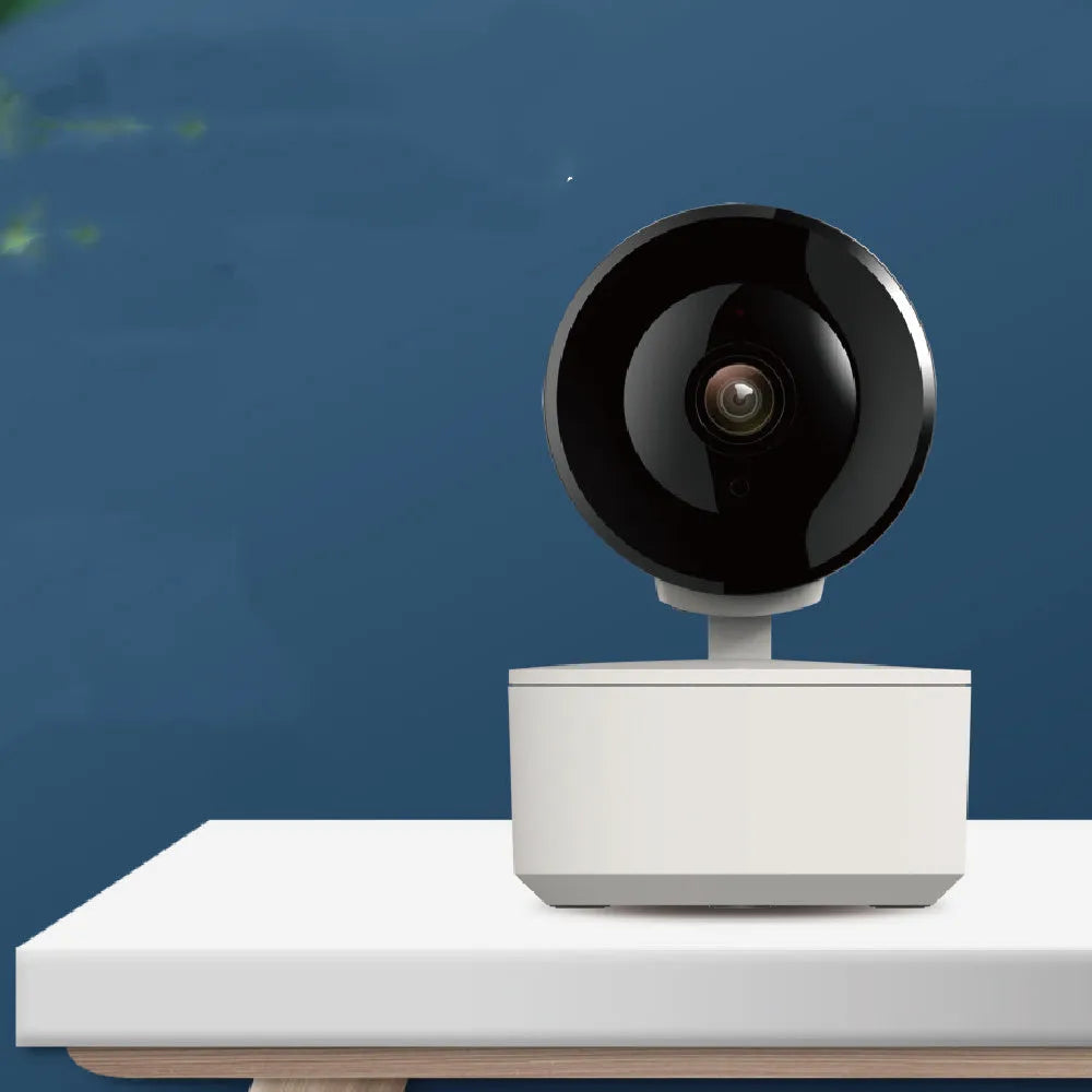 Indoor smart wifi security camera with 1080P HD, shown with power adapter.