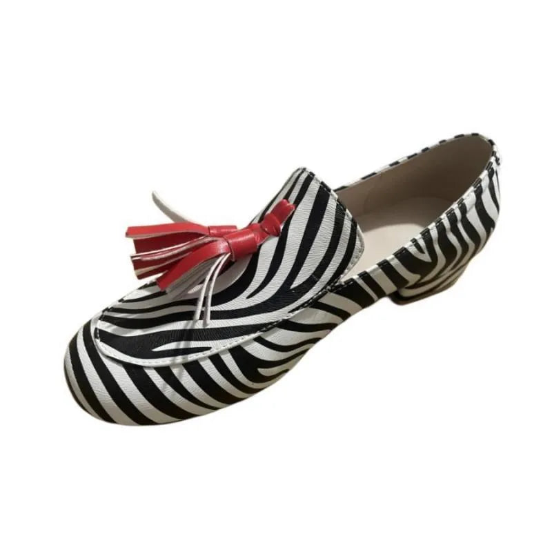 Leopard print flat heel tassel loafers for women with round toe and rubber sole