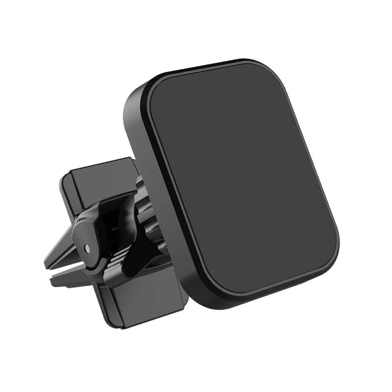 Black magnetic car phone holder attached to vehicle air vent with smartphone mounted