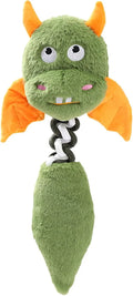Plush cartoon dog toy with a squeaker and integrated rope knot on a green background.