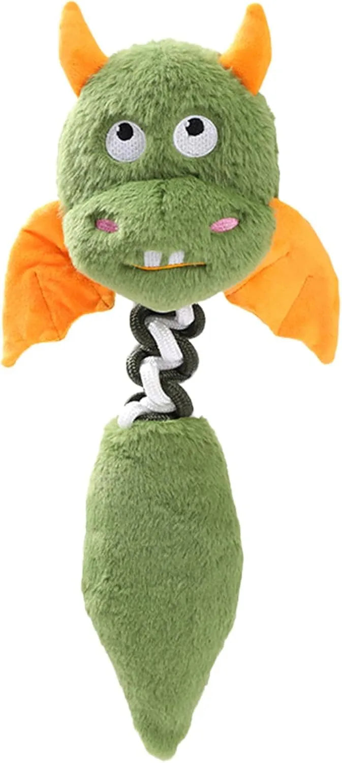 Plush cartoon dog toy with a squeaker and integrated rope knot on a green background.
