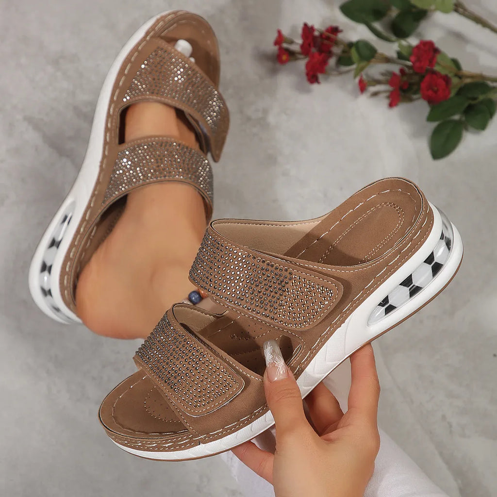 Women's air cushion wedge sandals with rhinestones, non-slip PU sole, fish mouth toe, in beige colour